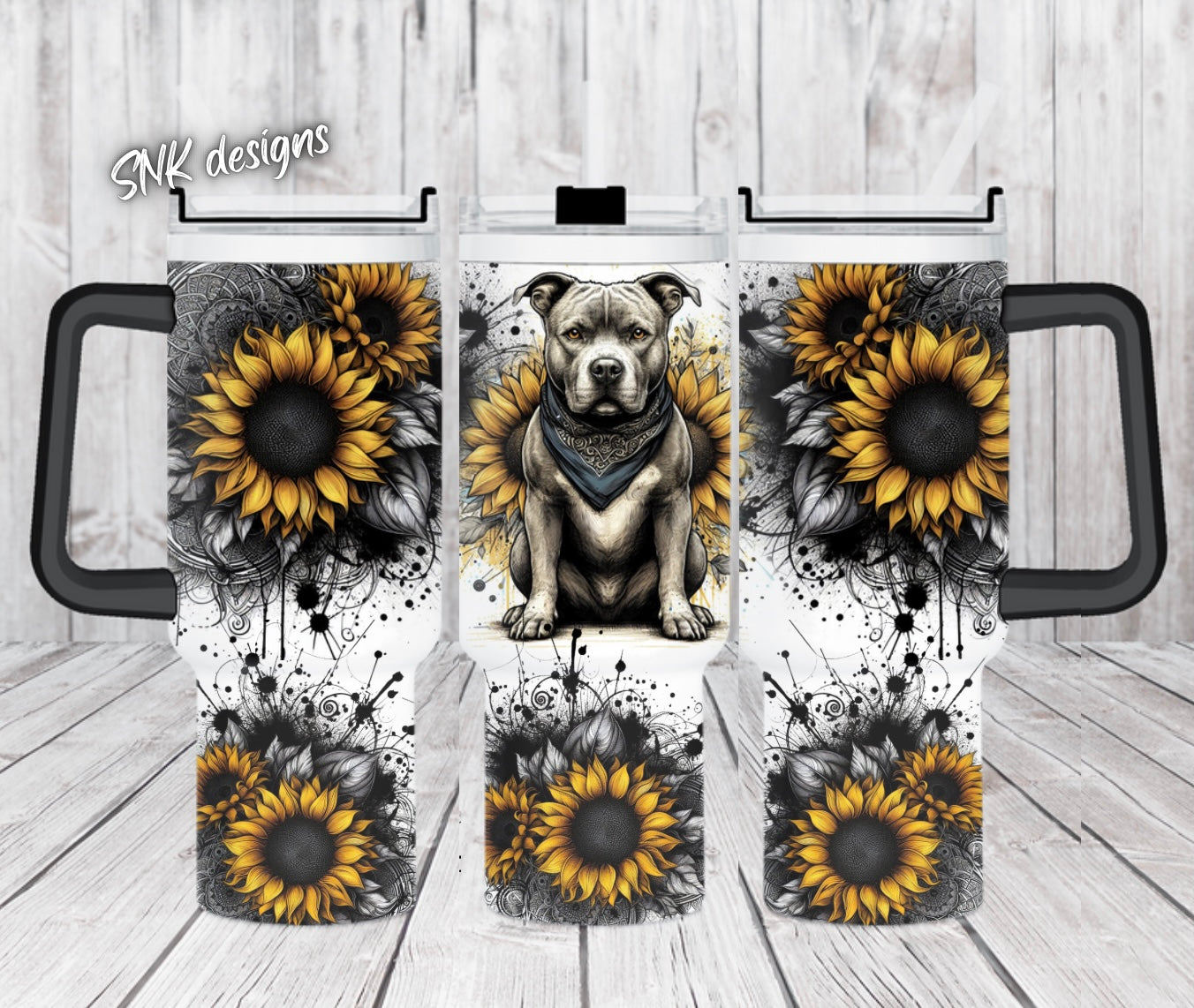 40oz cup - Yellow sunflowers - American Staffy