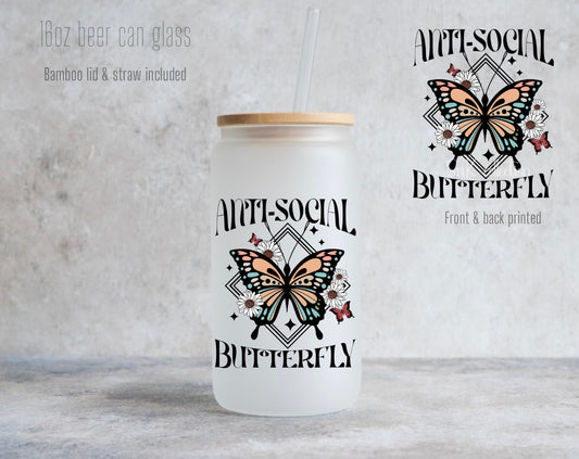 16oz old Anti-social butterfly glass can - Frosted