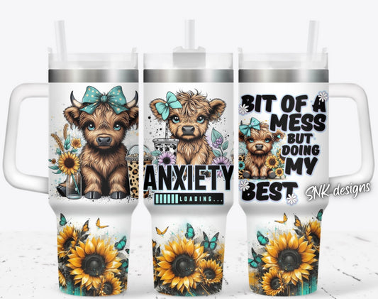 40oz cup - Anxiety university highland cows TEAL cup and topper included