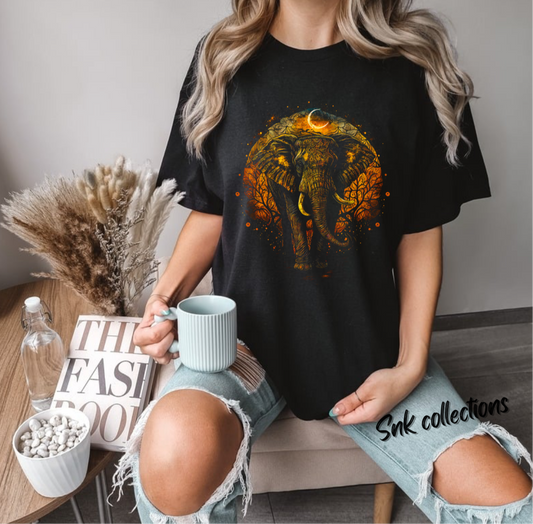 $16 Boho elephant on a black T-shirt