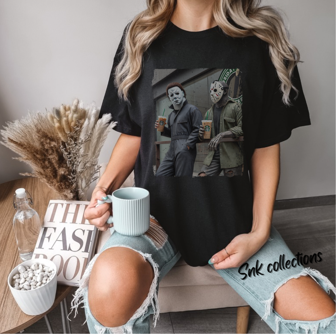 $16 creepy boys and coffee on Black T-shirt