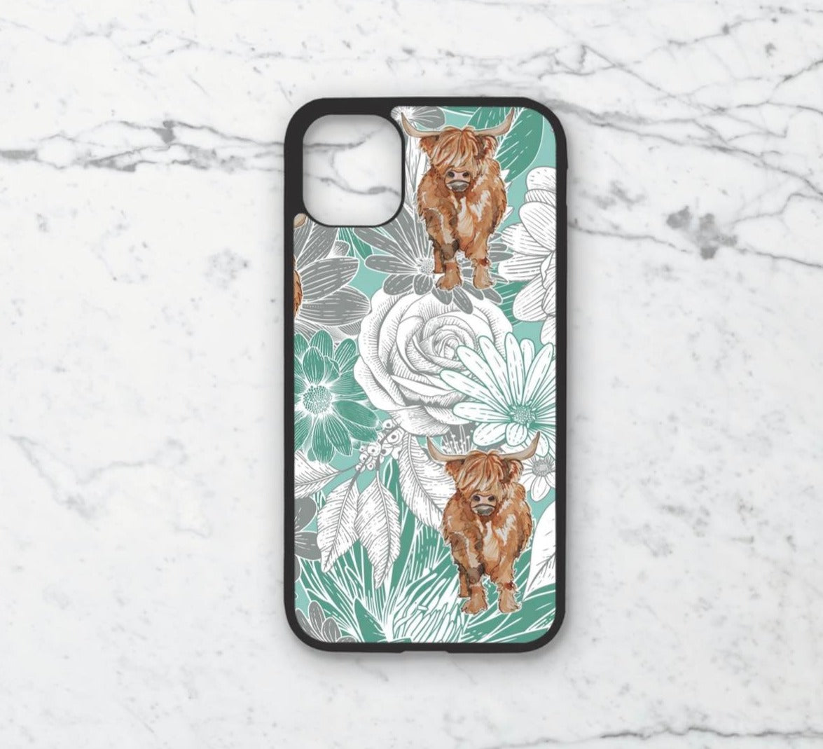 Phone case only!! Highland cow green florals