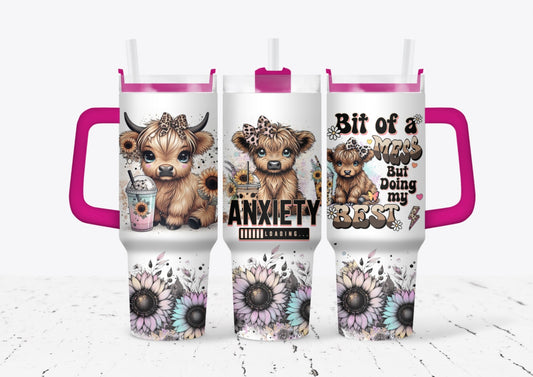 40oz cup - Anxiety university highland cows, WILL COME on a PINK cup with matching topper