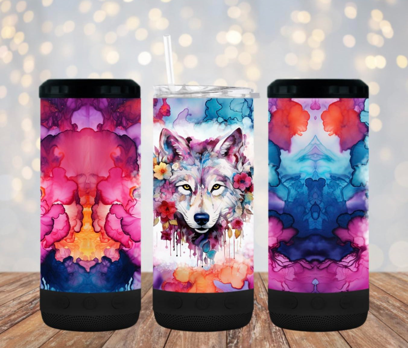 Alcohol ink wolf  - 4 in one cooler and speaker.