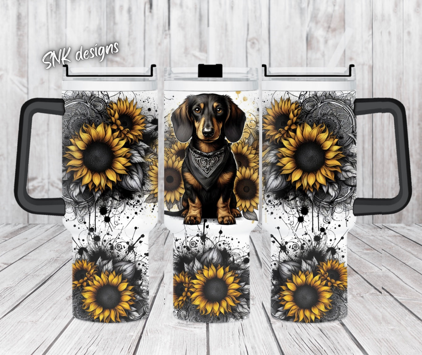 40oz cup - Yellow sunflowers - Short haired Dachshund