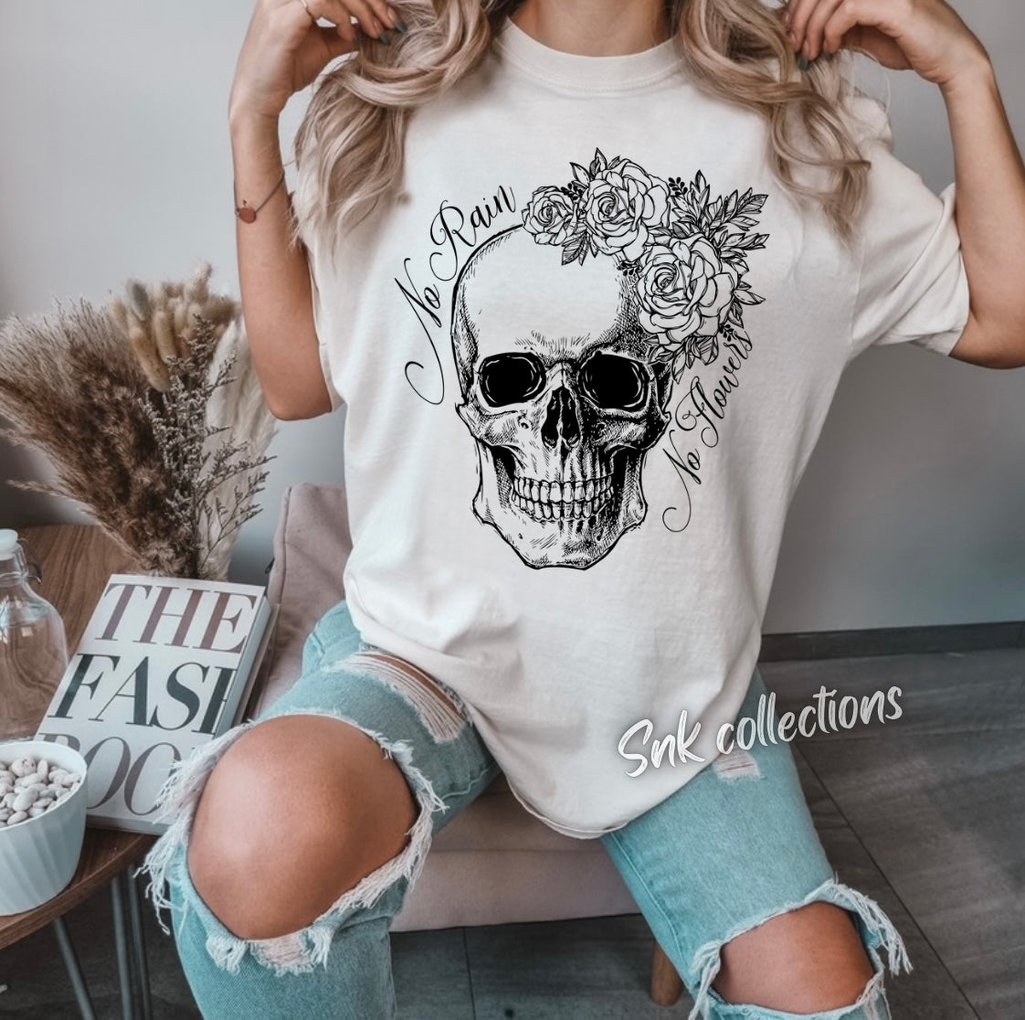 No rain no flower skull - T-shirt