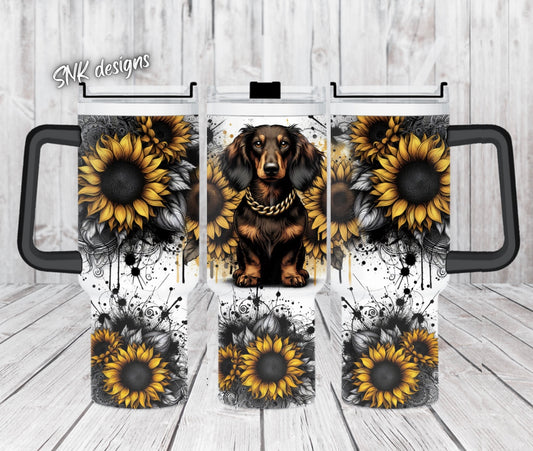 40oz cup - Yellow sunflowers - Long haired Dachshund