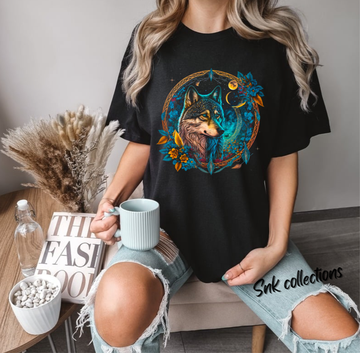 $16 Boho wolf on a black T-shirt