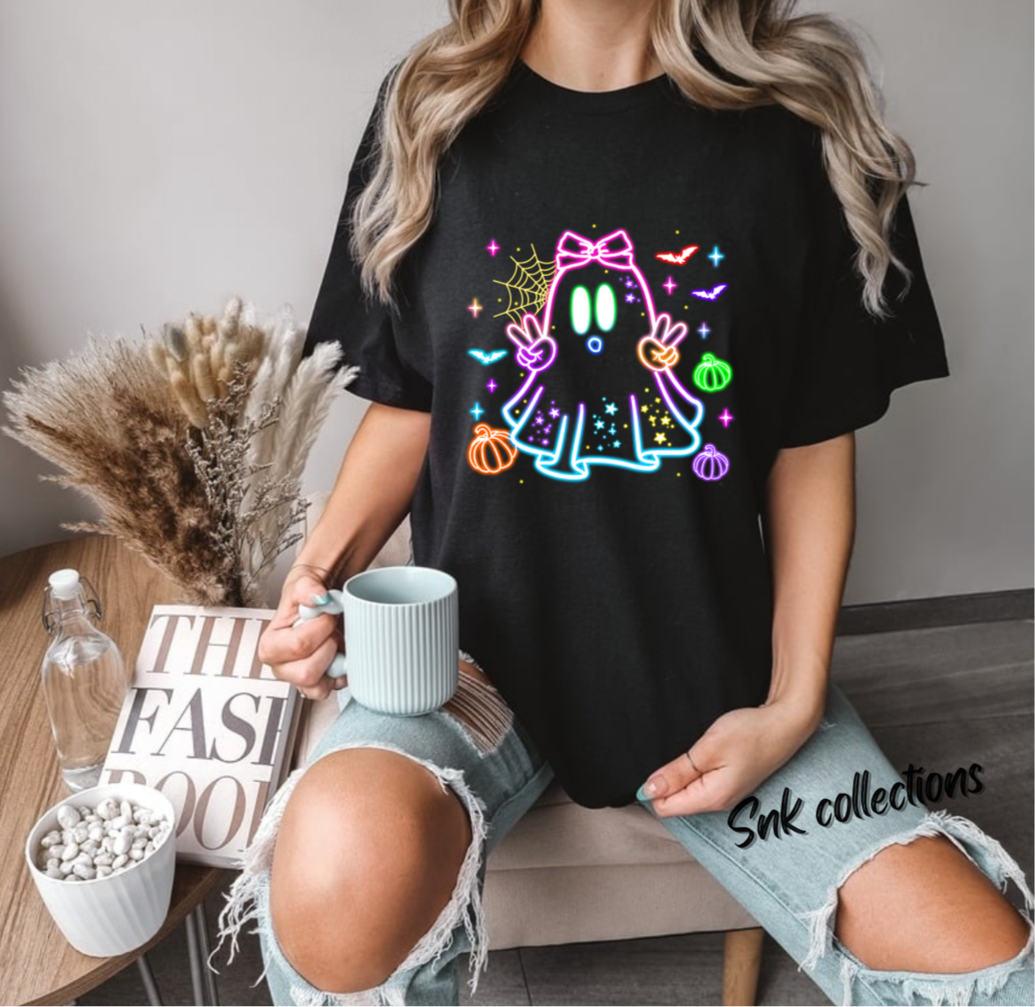 $16 neon cute ghost on black T-shirt