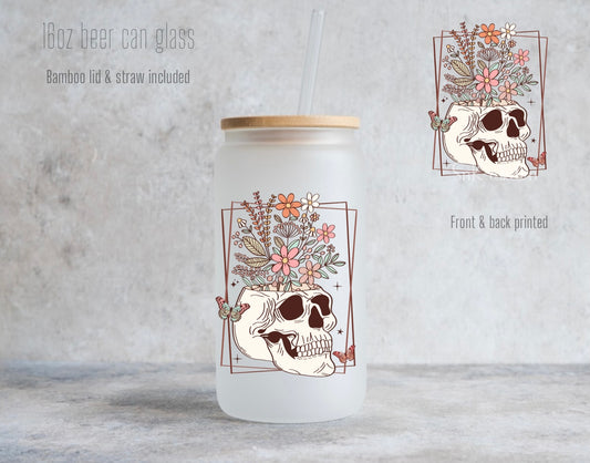 16oz Boho skull with flowers coming out glass can - Frosted