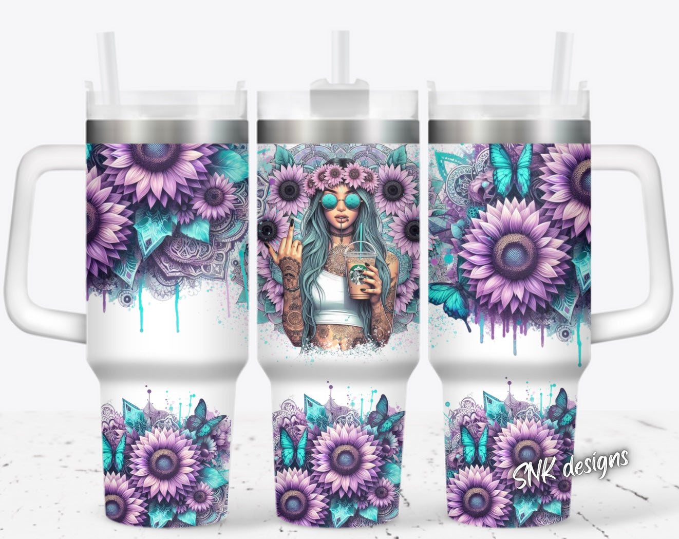 40oz cup - Purple and turquoise grungy tattoo queen