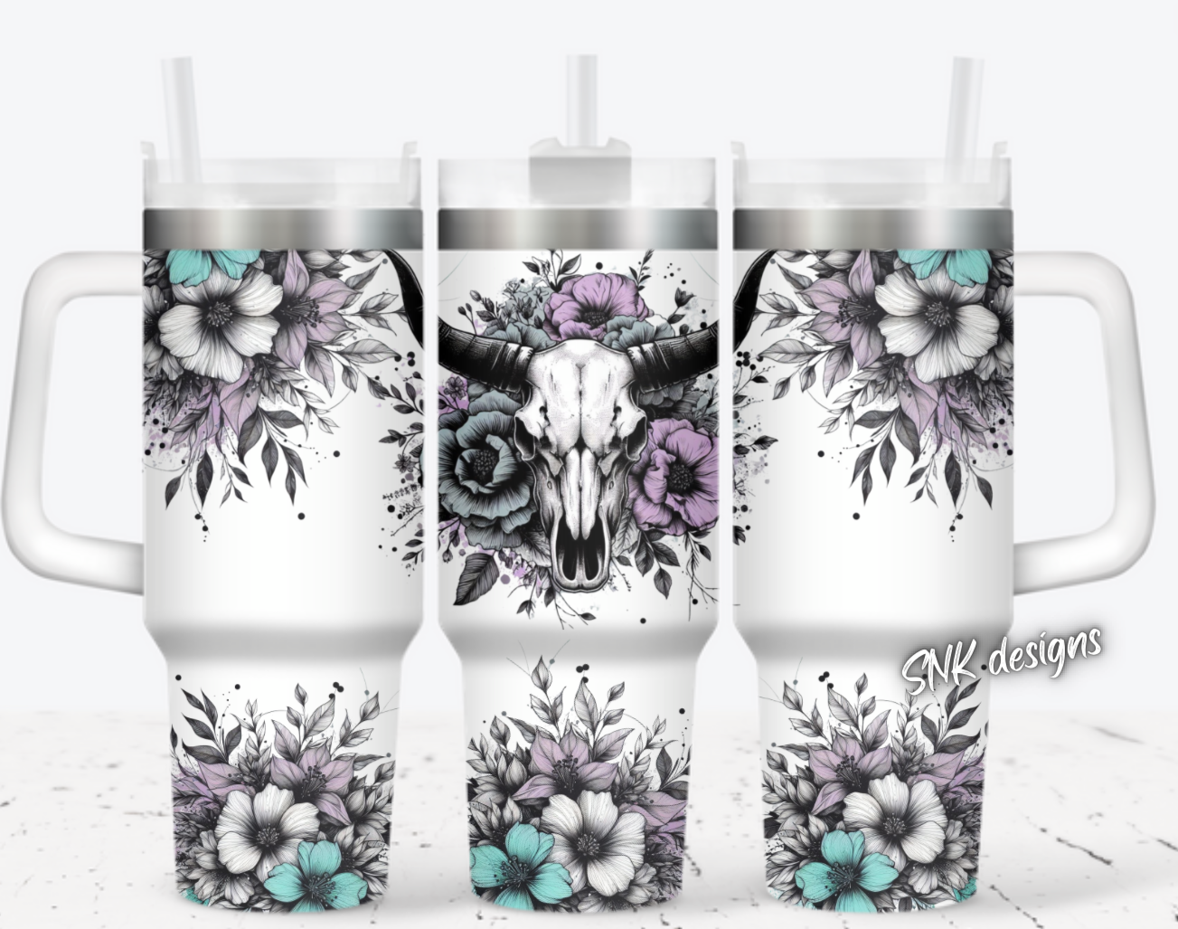 40oz cup - Lilac and aqua florals with a bull skull