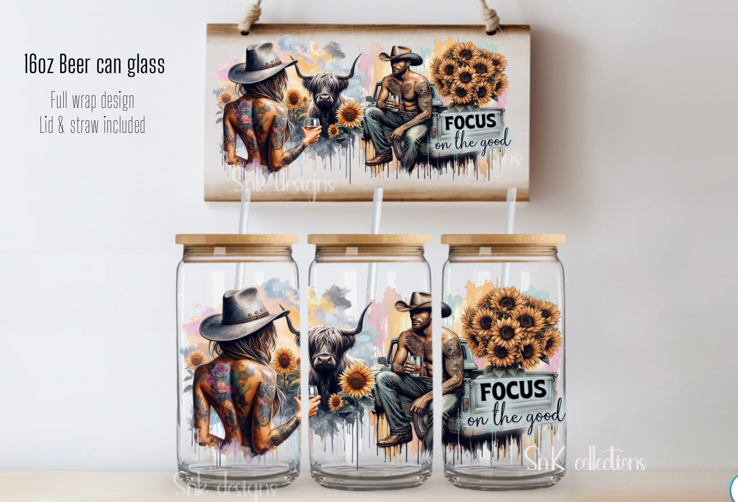 16oz Cowgirl cowboy focus on the good glass can - FROSTED