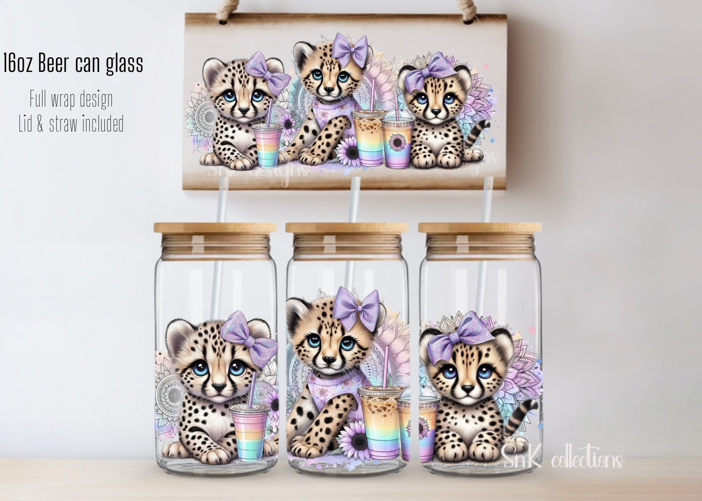 16oz Cute cheetahs glass can - FROSTED