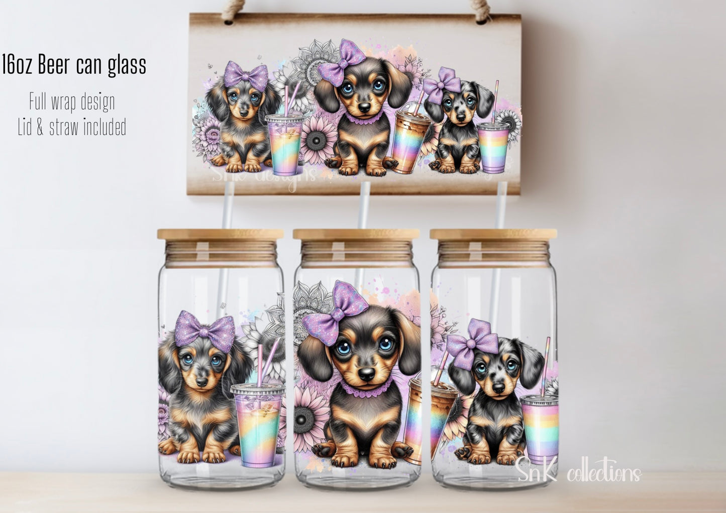 16oz Cute Dachshunds glass can - FROSTED