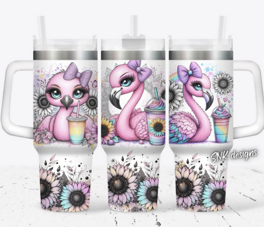 40oz cup - Rainbow cute flamingoes