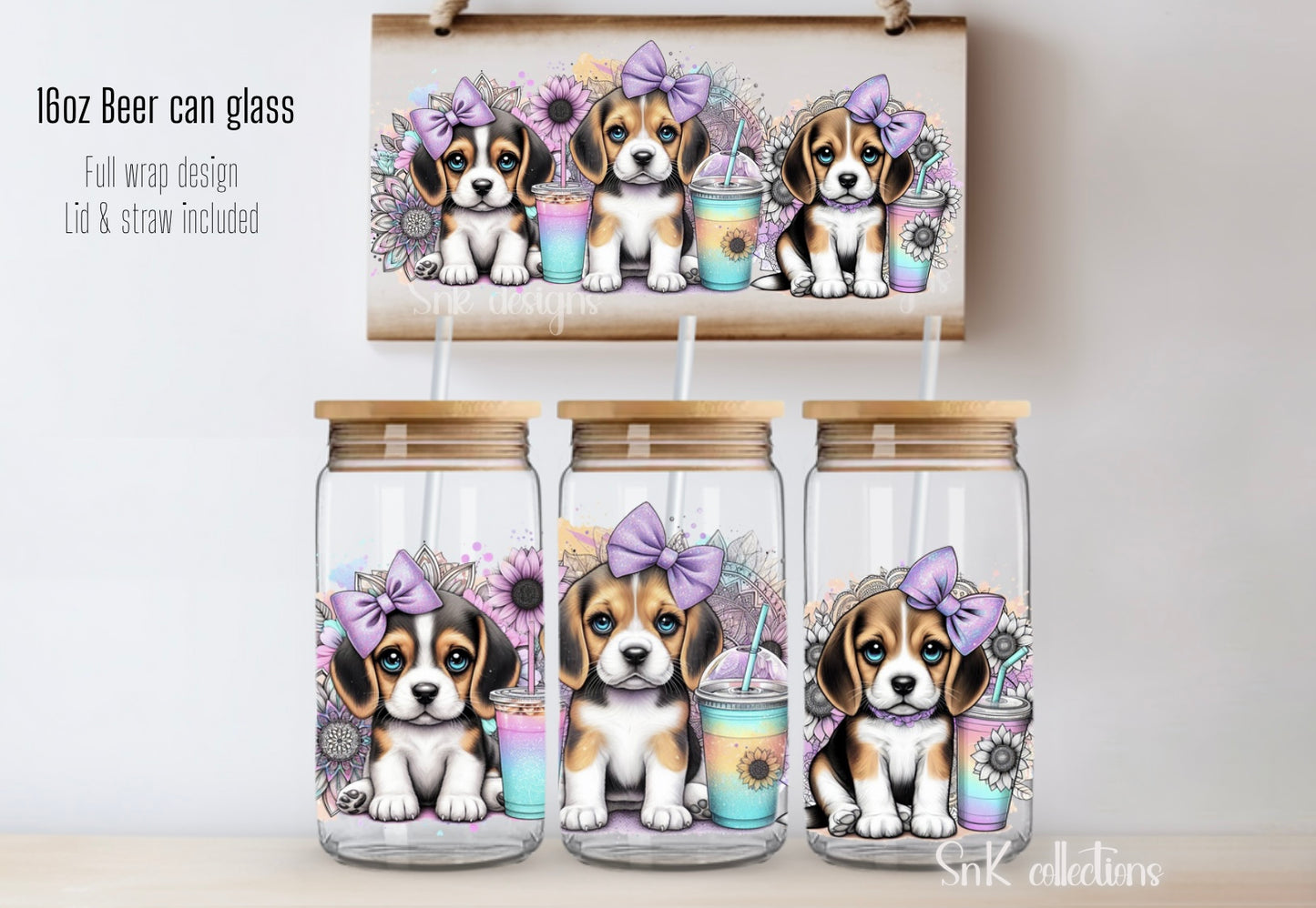 16oz Cute Beagles glass can - FROSTED