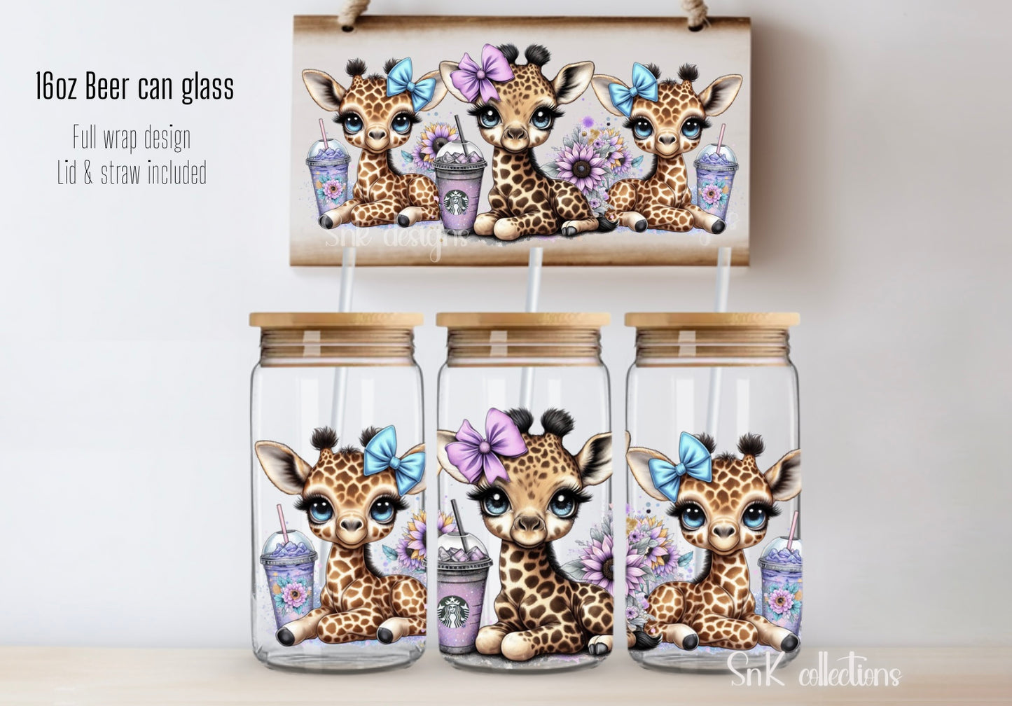 16oz Cute giraffes glass can - FROSTED