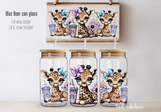 16oz Cute giraffes glass can - FROSTED