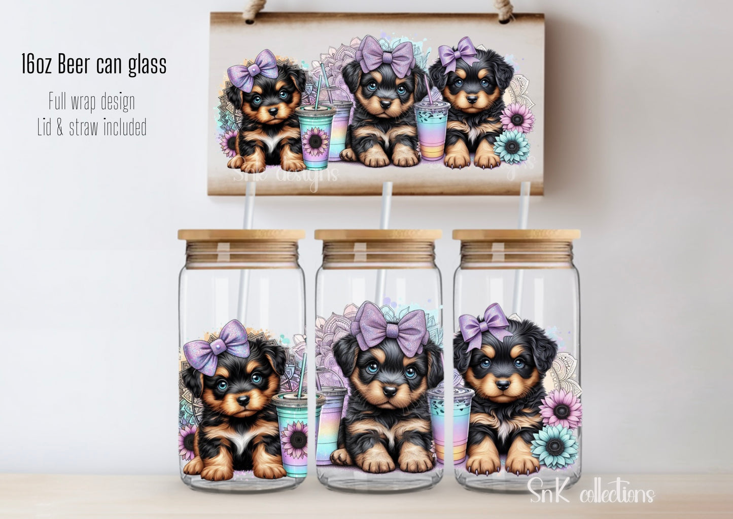 16oz Cute rottweilers glass can - FROSTED