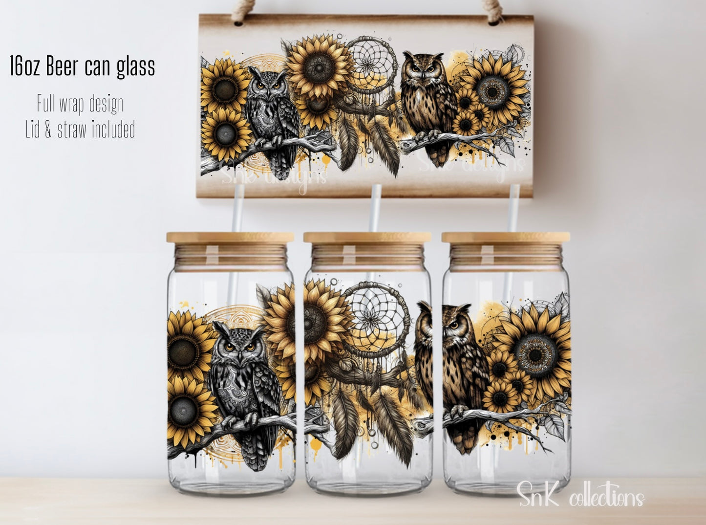 16oz Yellow boho owls background - FROSTED