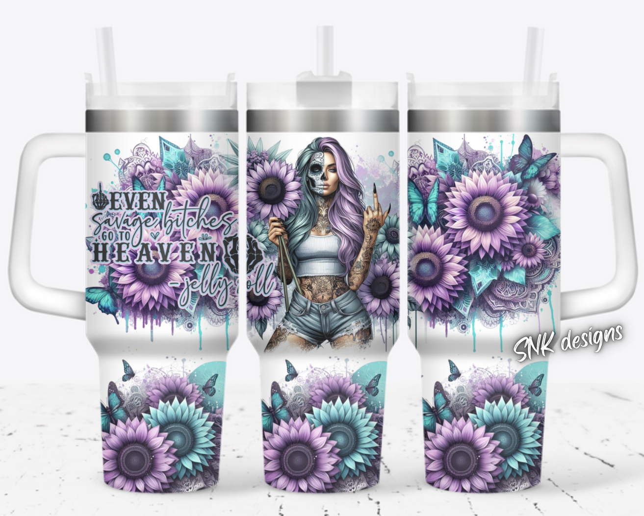 40oz cup - Purple Sugar skull savage bitches