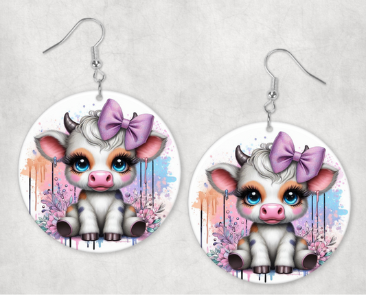 Acrylic Earrings- Baby cow with pink bow