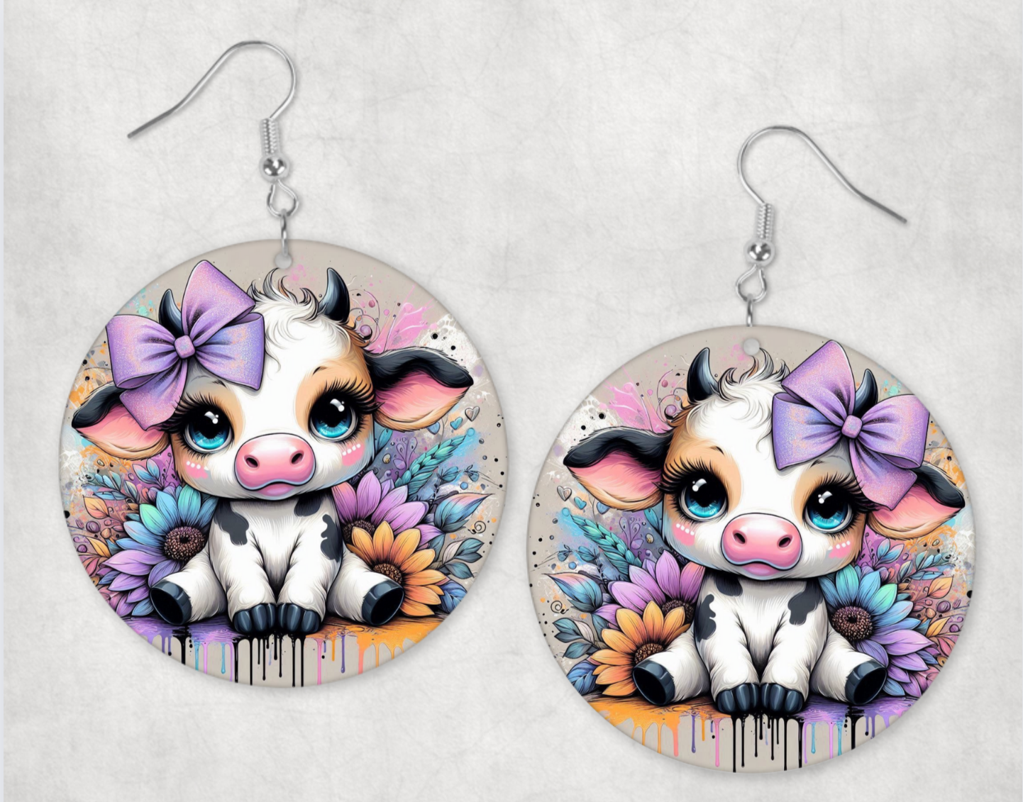 Acrylic Earrings-  Baby cow with purple bow and flowers