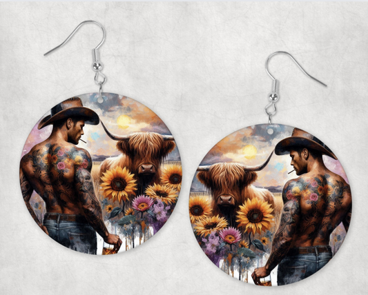 Acrylic Earrings- tattooed cowboy with highland cow