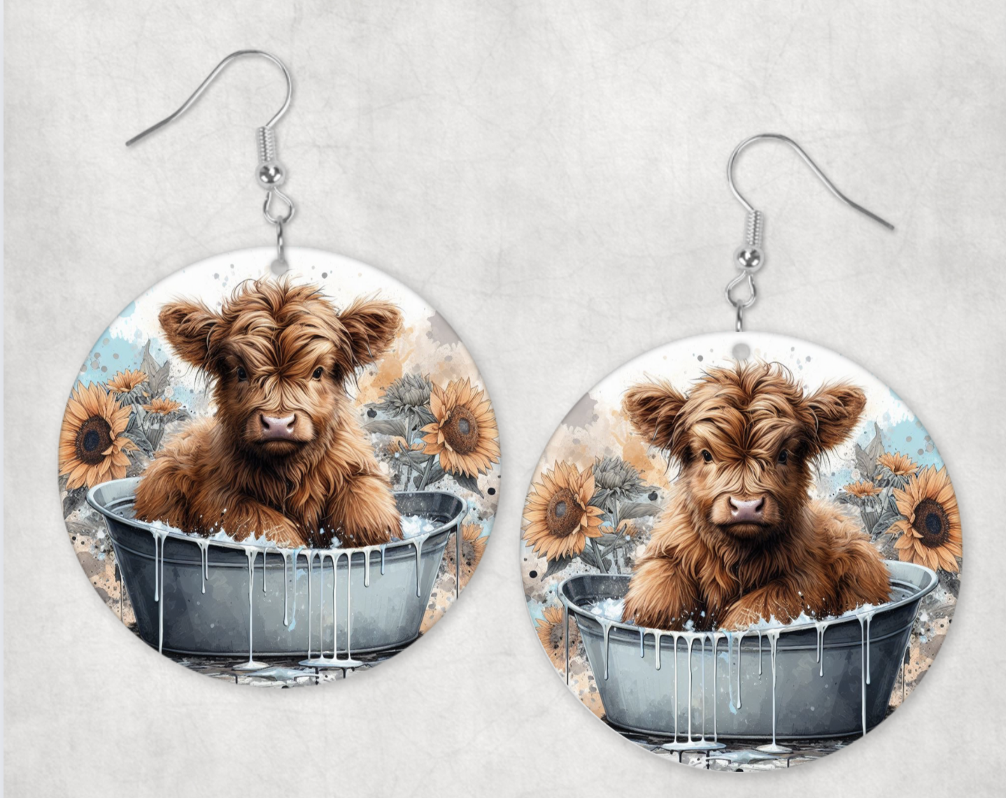 Acrylic Earrings- baby highland cow in a tub with sunflowers