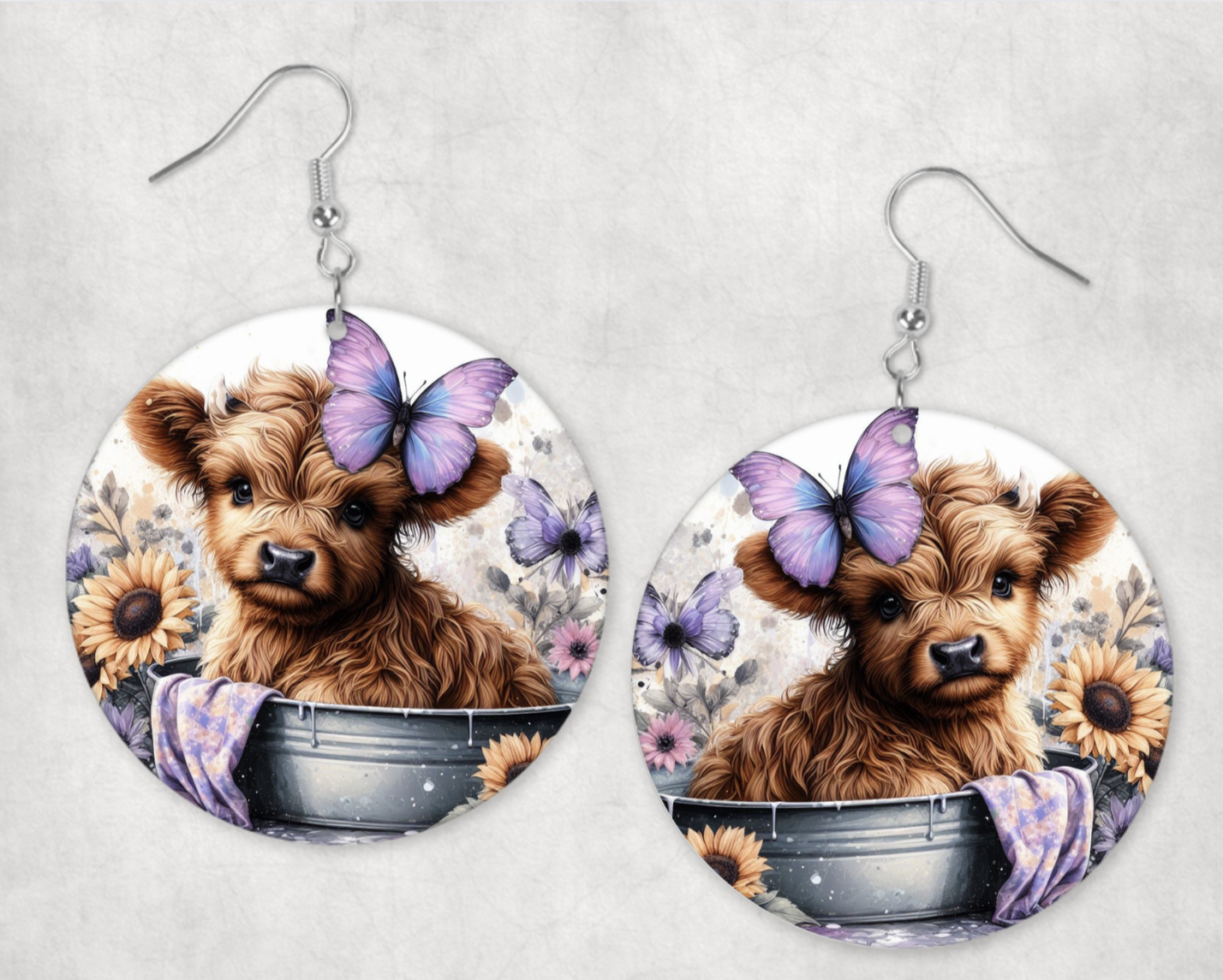 Acrylic Earrings- baby cow in a tub with purple butterflies