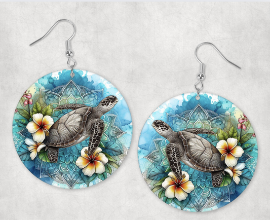 Acrylic Earrings- ocean blue turtle with frangipani flowers