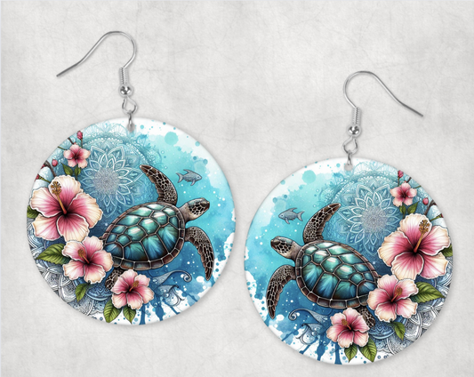 Acrylic Earrings-  ocean blue turtle frangipani hibiscus flowers