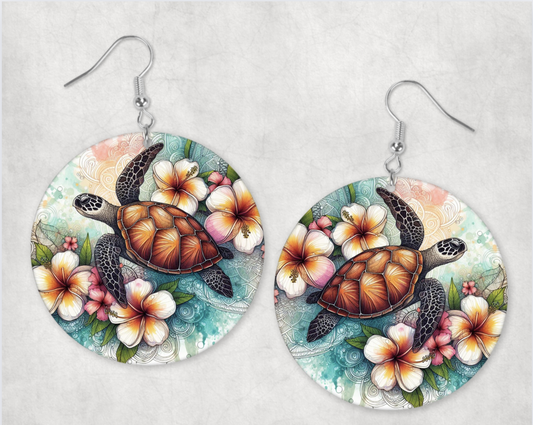 Acrylic Earrings-  Turtle frangipani hibiscus flowers