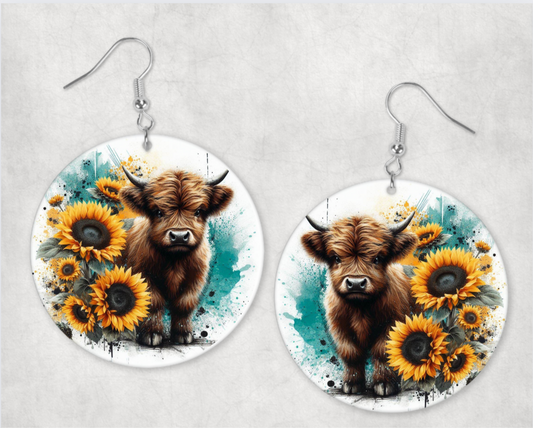 Acrylic Earrings-  yellow sunflowers brown cow