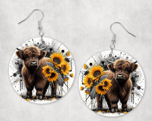 Acrylic Earrings-brown cow yellow sunflowers