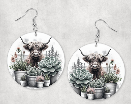 Acrylic Earrings-Boho highland cow with succulent pots