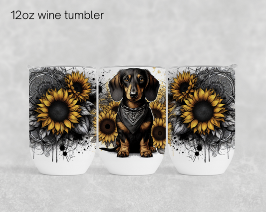 12oz wine tumbler - Yellow sunflower dachshund