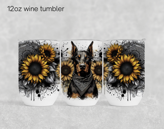 12oz wine tumbler - Yellow sunflower Dobermann