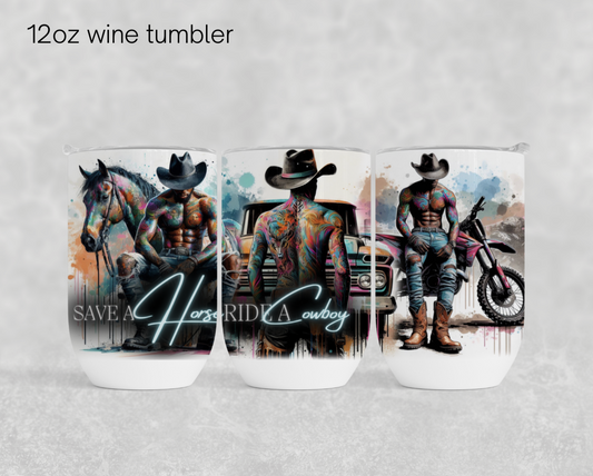 12oz wine tumbler - Save a horse ride a cowboy BLUE