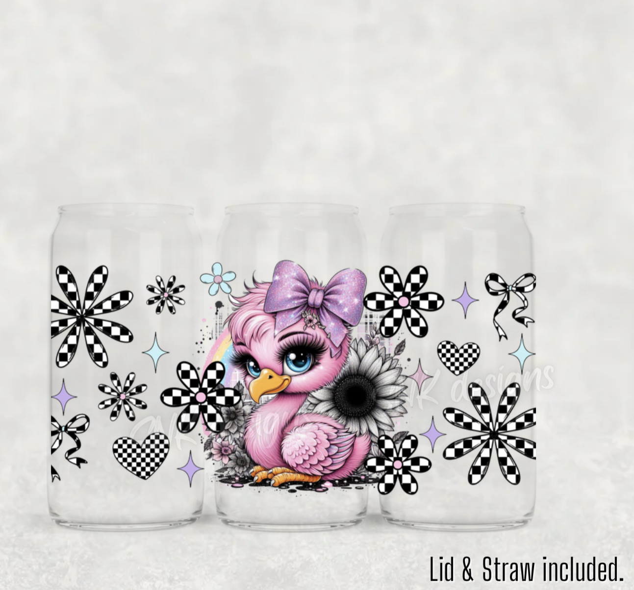 16oz  frosted - Checkered print Flamingo