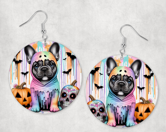 Acrylic Earrings-Boho frenchie with halloween pumkin