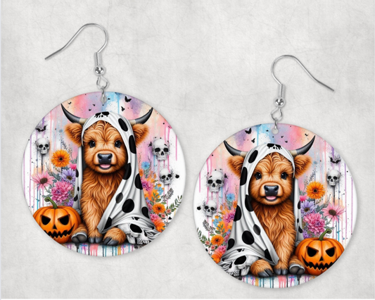 Acrylic Earrings- cute brown cow with halloween pumkin