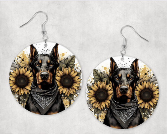 Acrylic Earrings-Yellow sunflower with Doberman