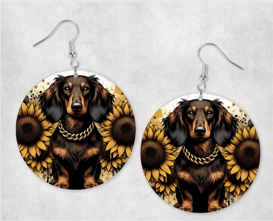 Acrylic Earrings-Yellow sunflower with long haired dachshund