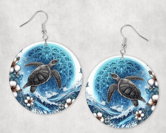 Acrylic Earrings- ocean turtle with frangipani flowers