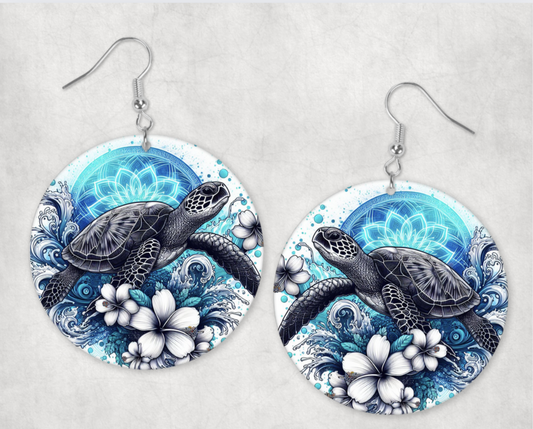 Acrylic Earrings-turtle with frangipani flowers