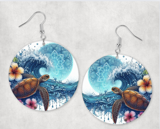 Acrylic Earrings- ocean blue wave turtle with frangipani flowers (Copy)