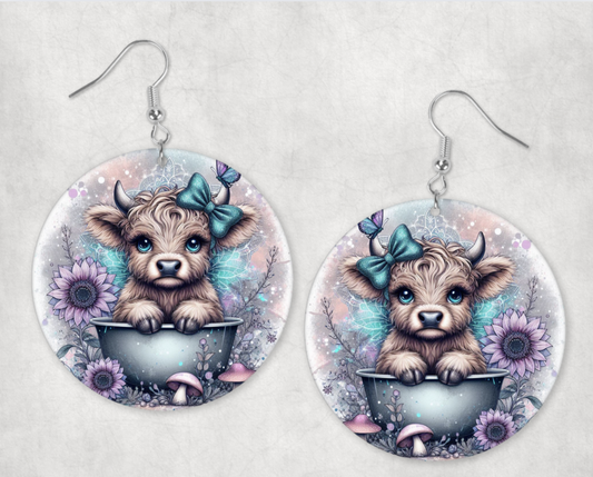 Acrylic Earrings-Cute cow with blue bow with butterfly on horn