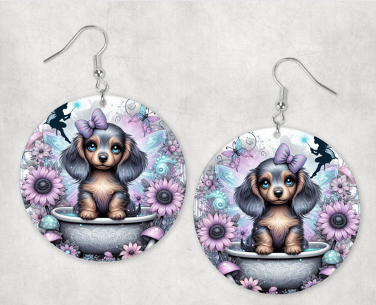 Acrylic Earrings-Enchanted baby dachshund in a tub